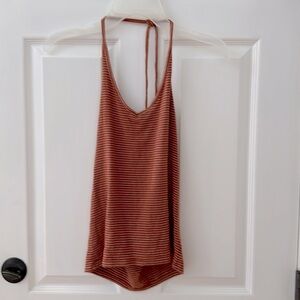 Tied  v neck halter dark orange &white stripe. Soft and stretchy fabric. EUC
